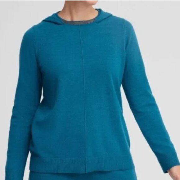 NWT Medium Chicos Zenergy Cashmere Hood Sweater Teal w/ BallChain Neck (ABBA)